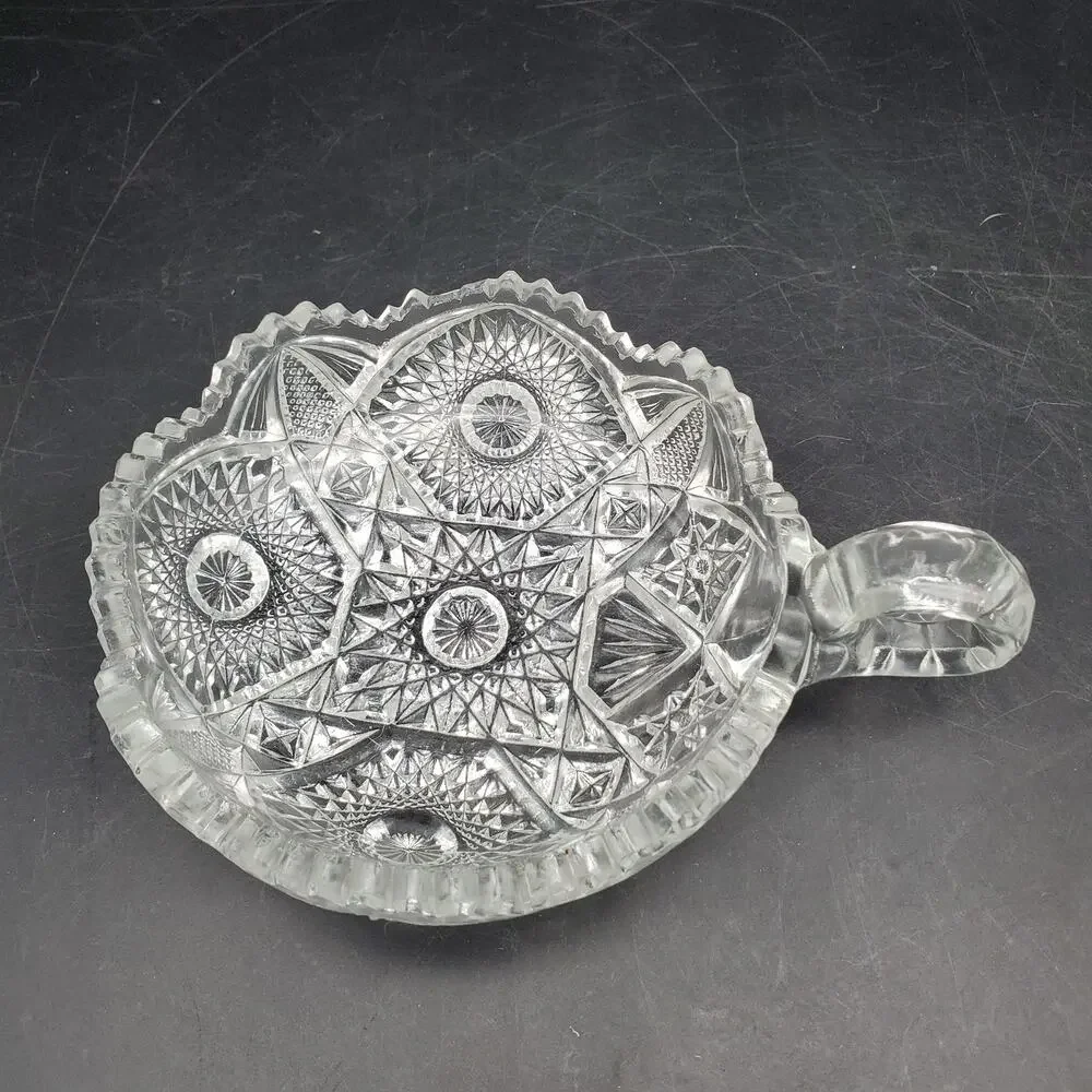 Vintage Clear Pressed Glass Nappy Dish Handled Bowl Starburst Daisy Pattern
